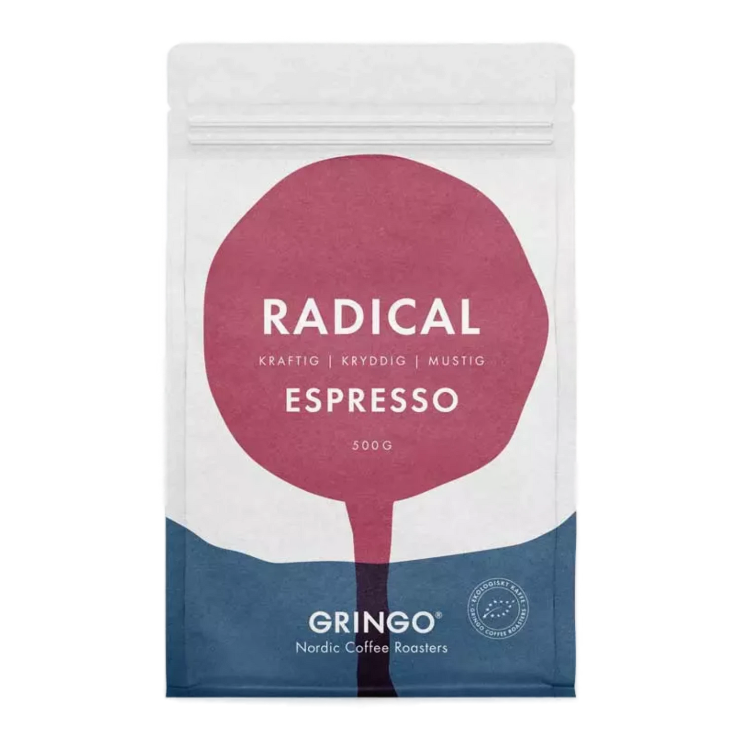 Frontvy av Gringo Nordic Radical Espresso 500g vit kaffepåse med lila och blå design.