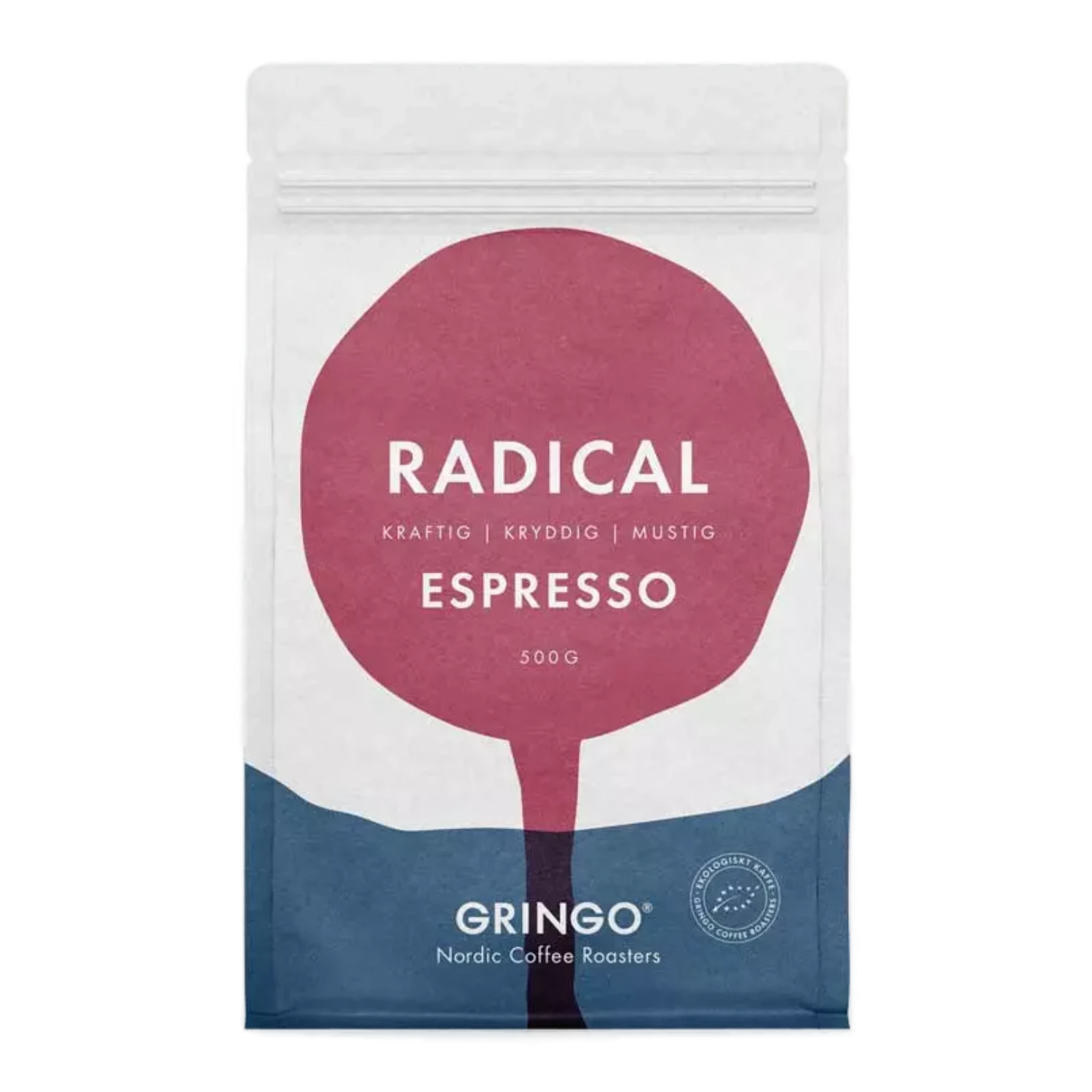Frontvy av Gringo Nordic Radical Espresso 500g vit kaffepåse med lila och blå design.