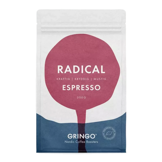 Frontvy av Gringo Nordic Radical Espresso 500g vit kaffepåse med lila och blå design.