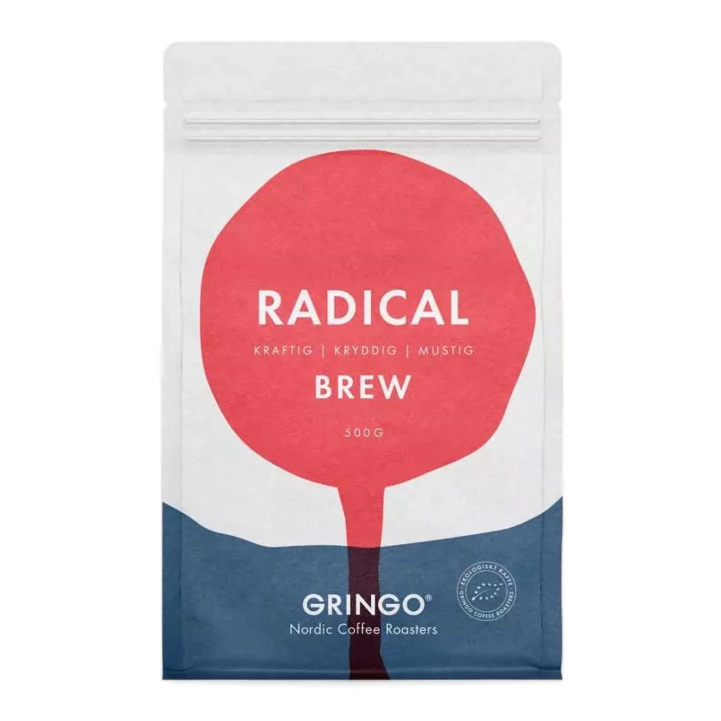 Frontvy av Gringo Nordic Radical Brew 500g vit kaffepåse som visar röd och blå design