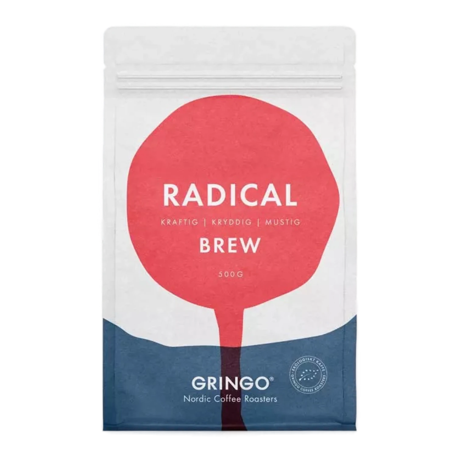 Frontvy av Gringo Nordic Radical Brew 500g vit kaffepåse som visar röd och blå design