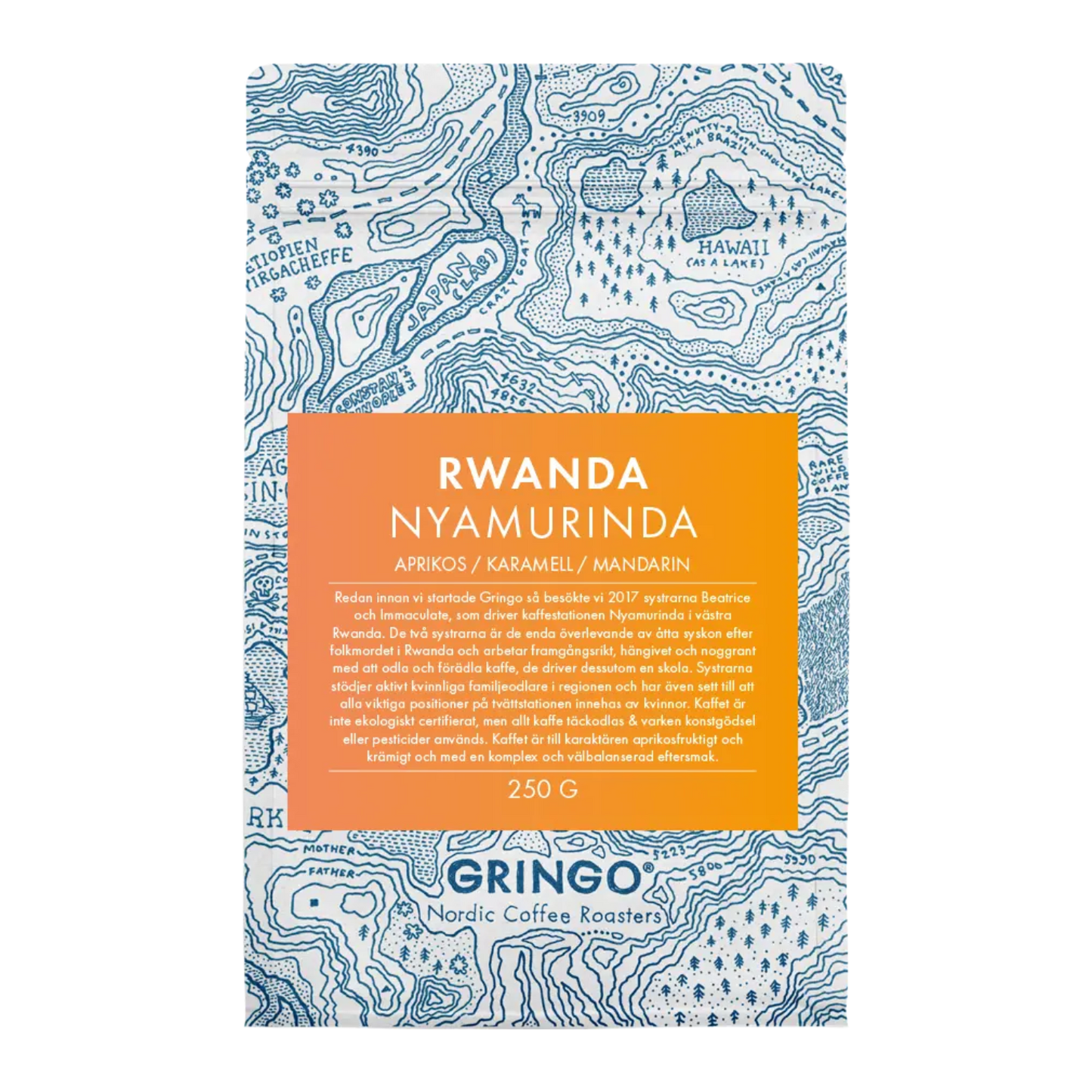 A 250g bag of Rwanda Nyamurinda coffee. The bag features a blue and white topographic map design with a vibrant orange and yellow gradient label listing notes of apricot, caramel, and mandarin.