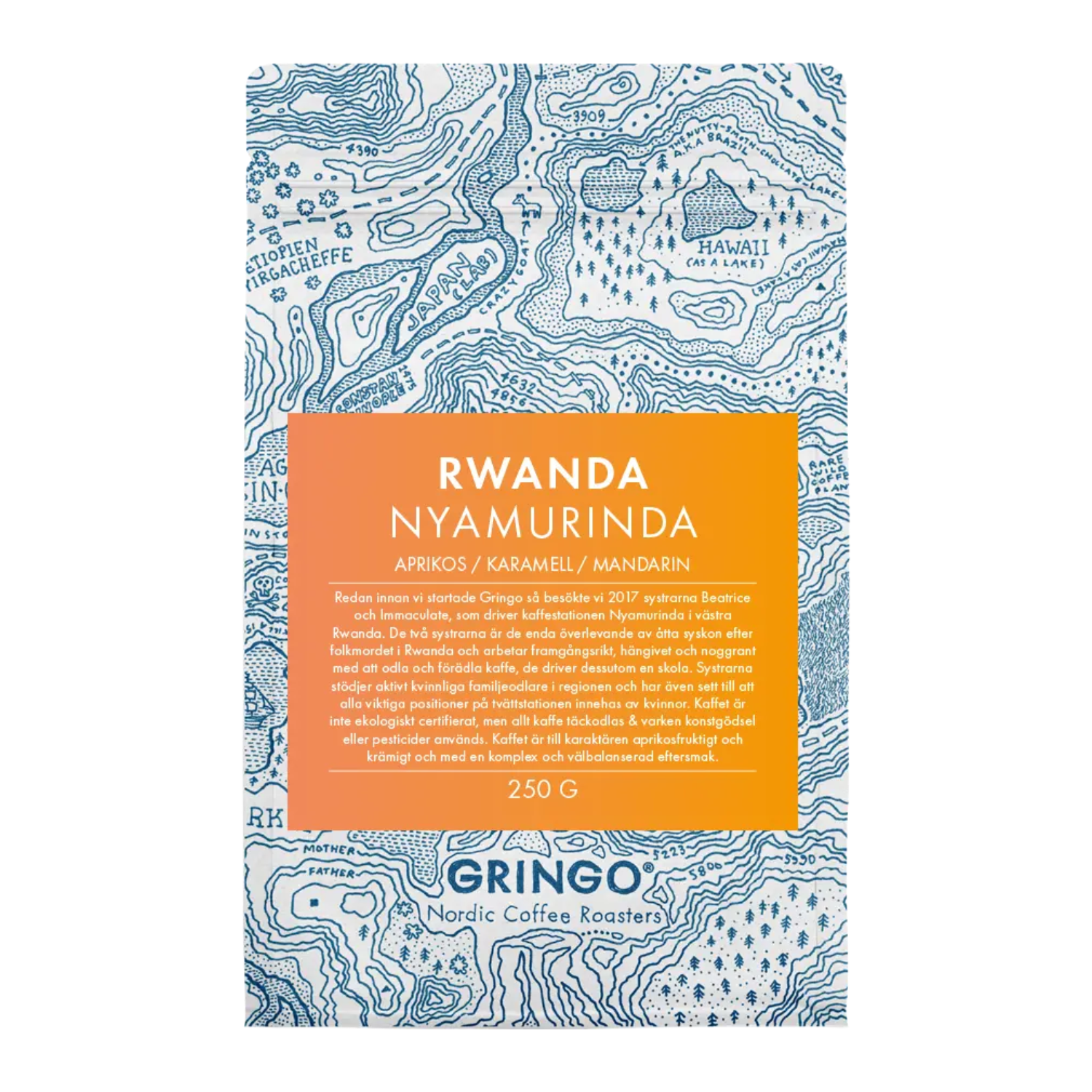 A 250g bag of Rwanda Nyamurinda coffee. The bag features a blue and white topographic map design with a vibrant orange and yellow gradient label listing notes of apricot, caramel, and mandarin.
