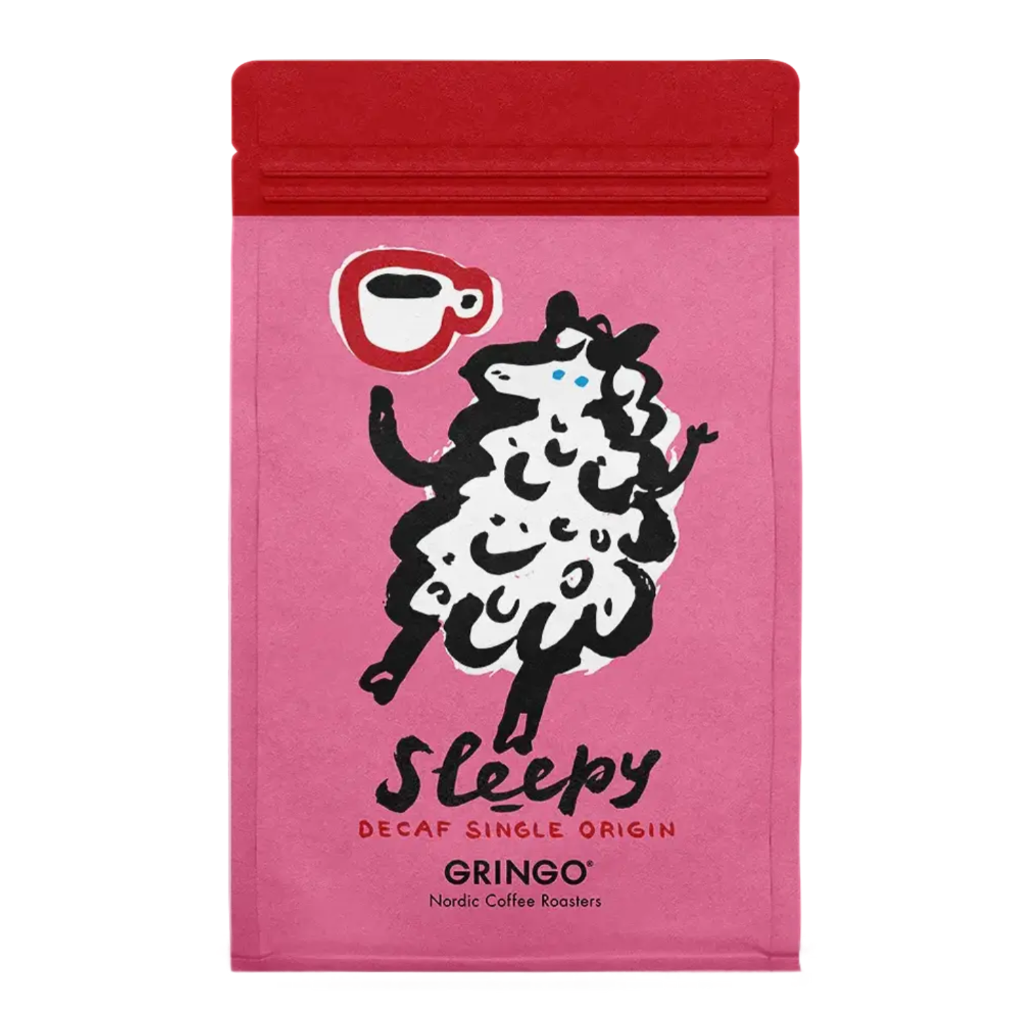 A bright pink coffee bag for "Sleepy" Decaf Single Origin by Gringo Nordic Coffee Roasters. It features a whimsical illustration of a white sheep holding a red coffee cup.