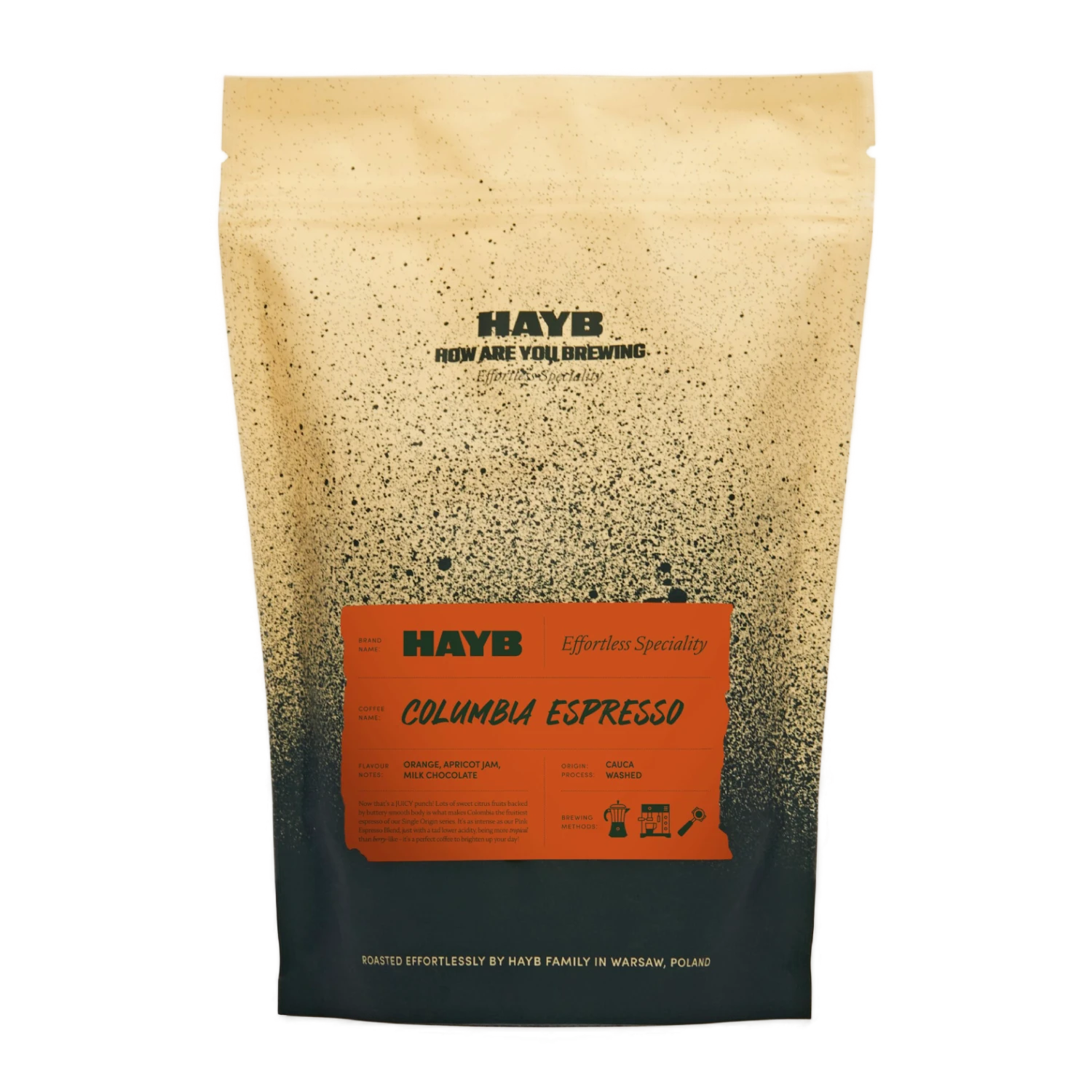 Specialkaffe – HAYB Colombia Espresso, 250g – framsidan av förpackningen.