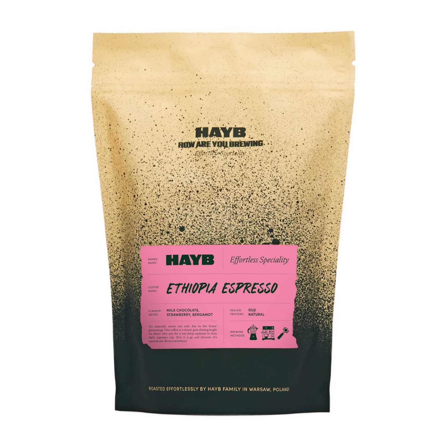 Specialkaffe – HAYB Ethiopia Espresso, 250g – framsidan av förpackningen.