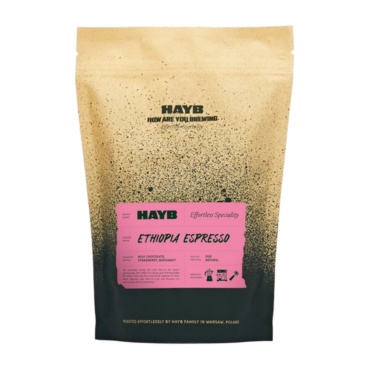 Specialkaffe – HAYB Ethiopia Espresso, 250g – framsidan av förpackningen.