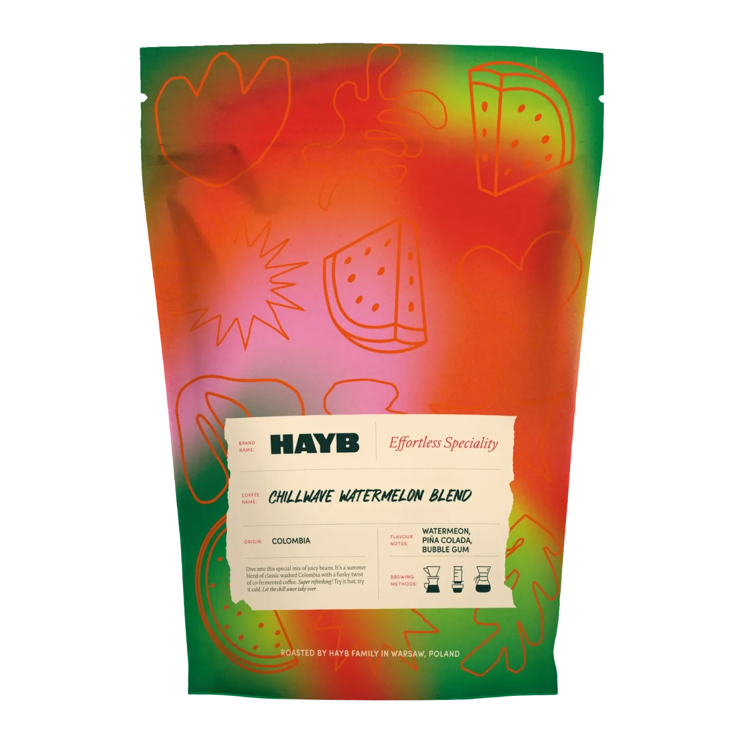 Hayb  Chillwave Watermelon Blend coffee blend packaging with colorful design and text