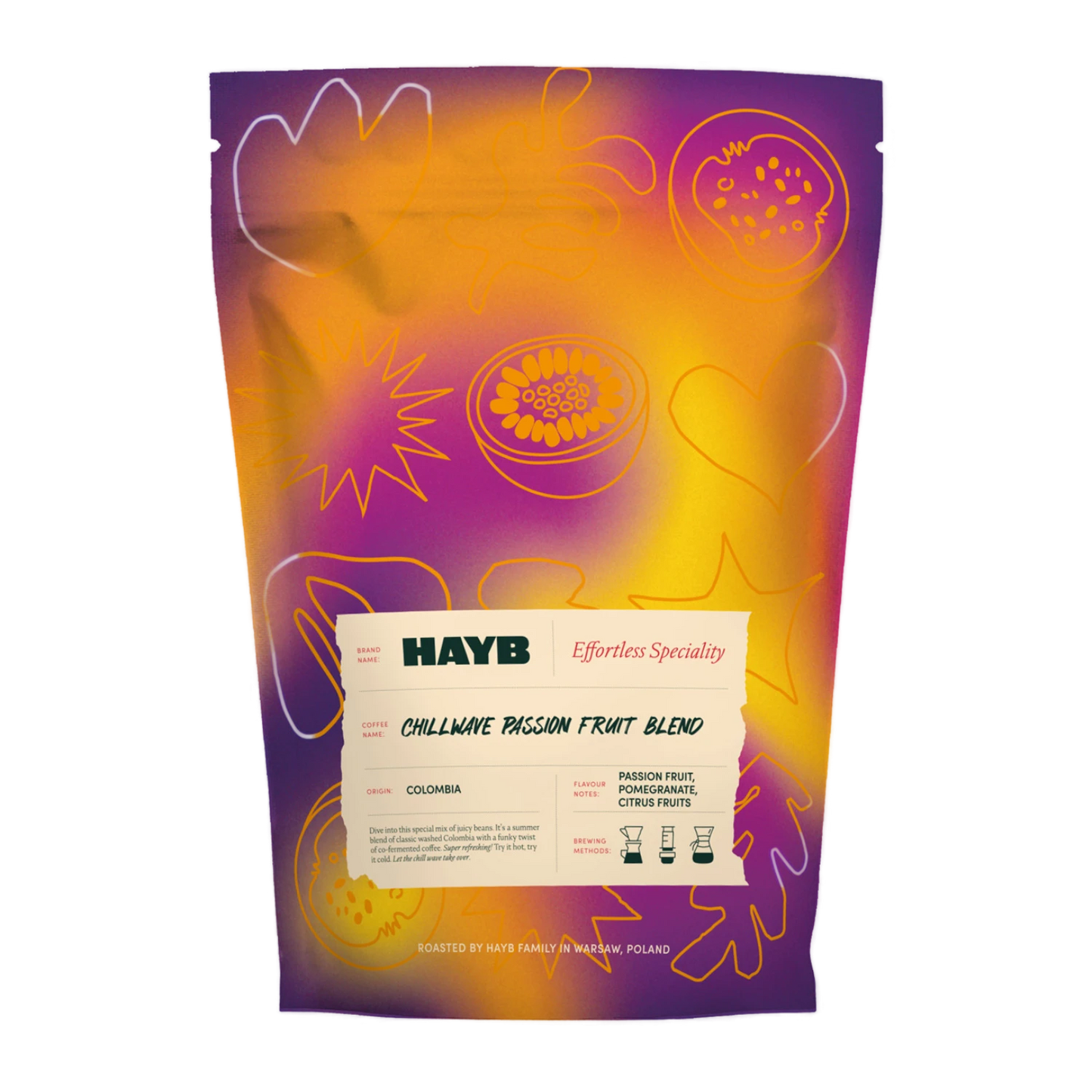 Hayb Chillwave Passion Fruit Blend coffee packaging with colorful design and text 