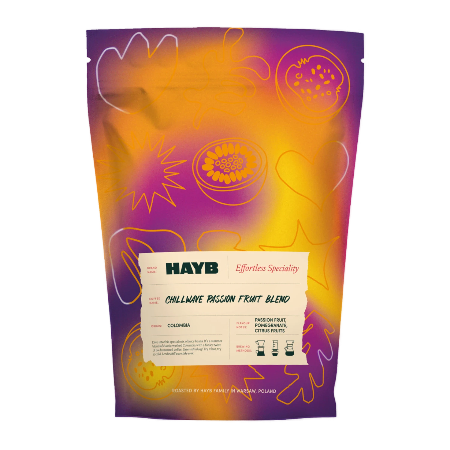 Hayb Chillwave Passion Fruit Blend coffee packaging with colorful design and text 