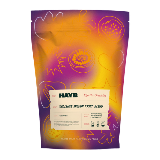 Hayb Chillwave Passion Fruit Blend coffee packaging with colorful design and text 