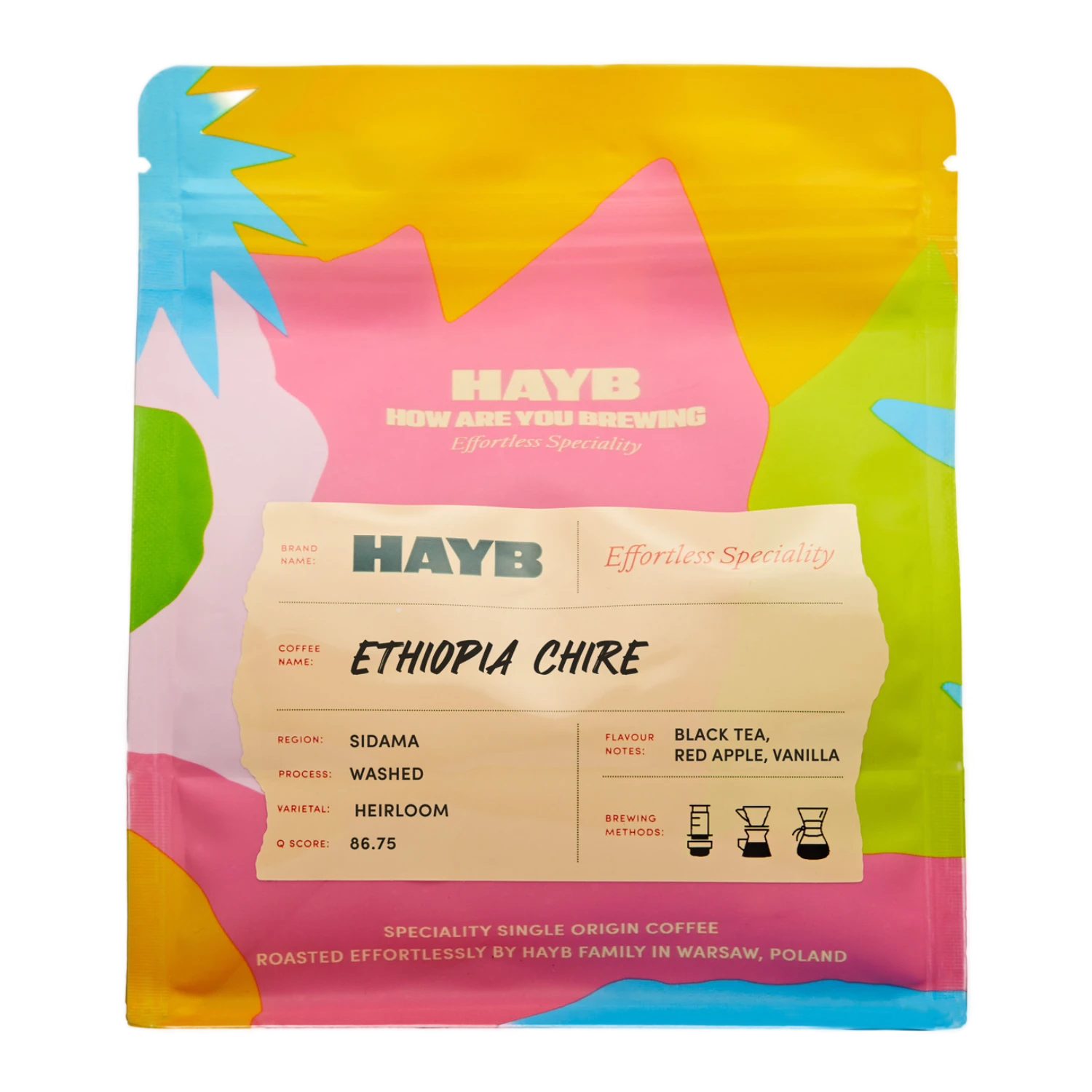 Colorful coffee package with 'HAYB' branding and coffee details on a white background