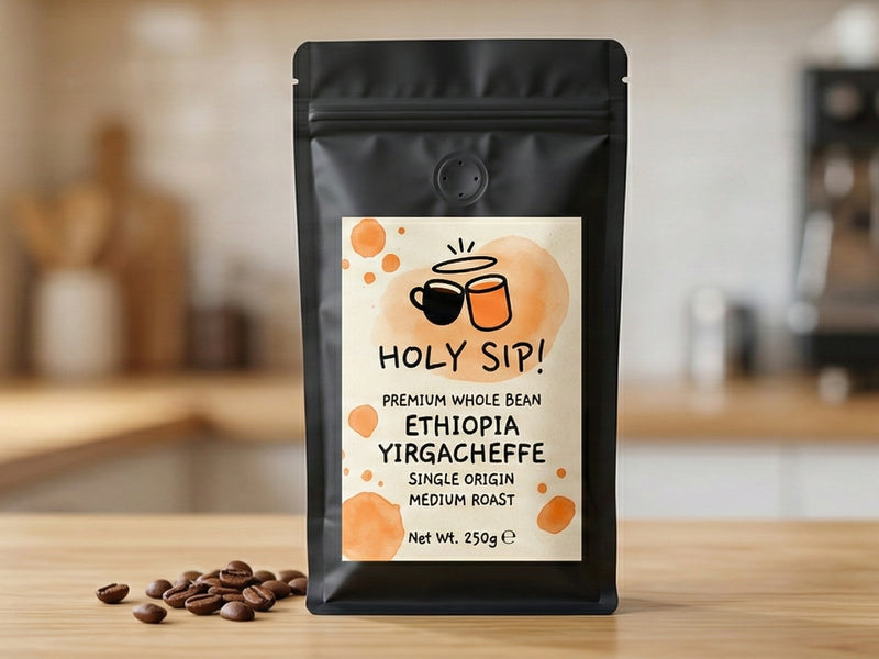 Kaffebönspaket märkt med "Holy Sip!" på en köksbänk med kaffebönor.