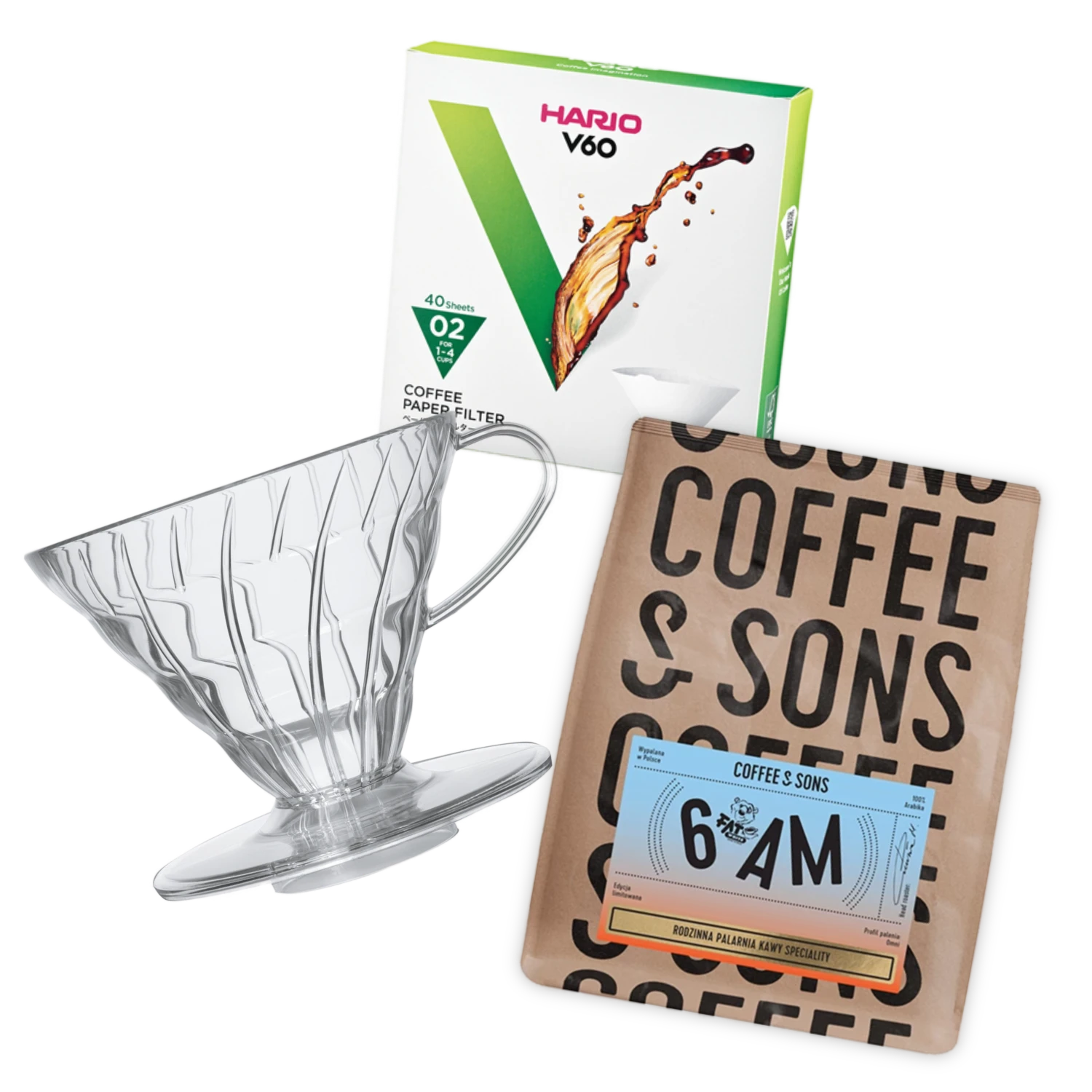 Transparent Hario V60-02, Hario coffee filters, and Coffee & Sons coffee box on a white background