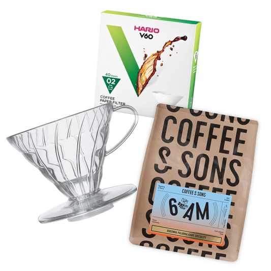 Transparent Hario V60-02, Hario coffee filters, and Coffee & Sons coffee box on a white background