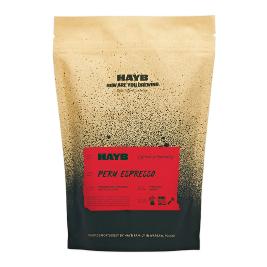 Specialkaffe – HAYB Peru Espresso, 250g – framsidan av förpackningen.