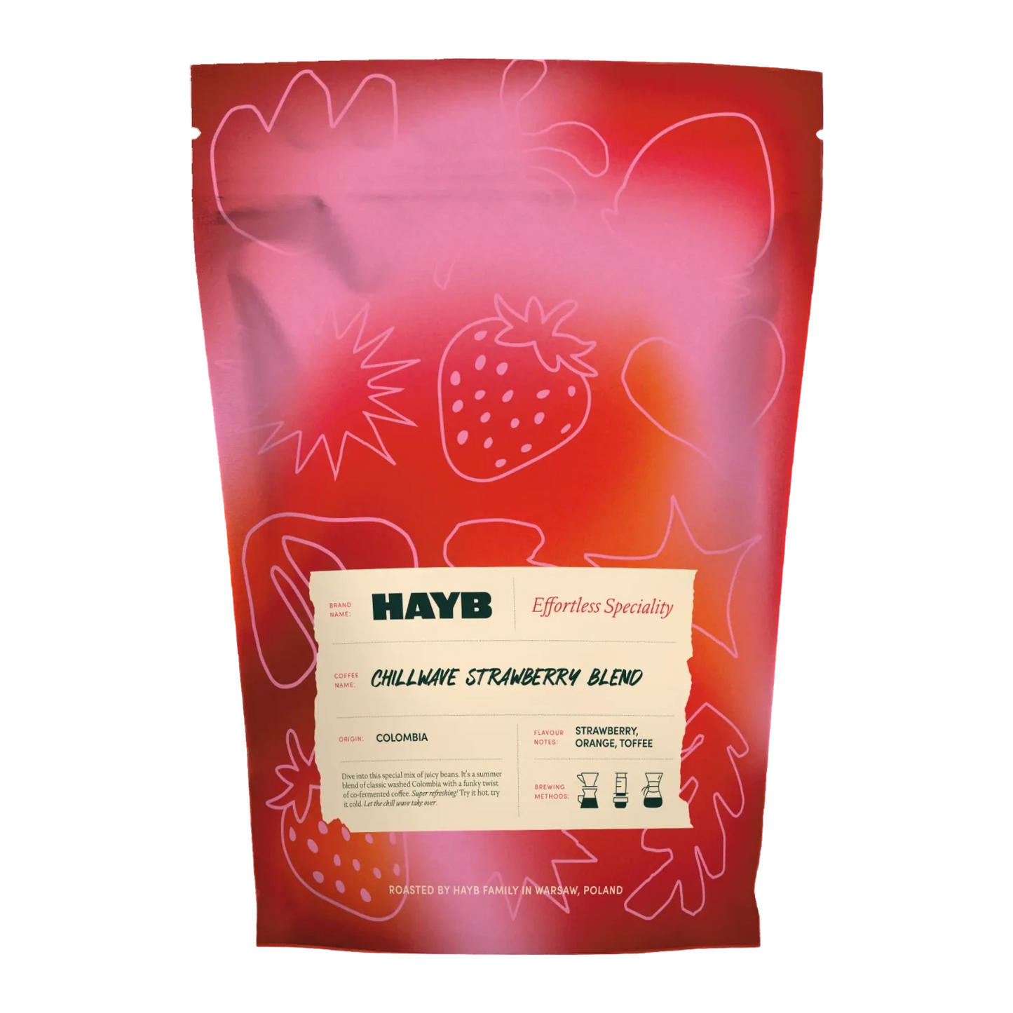 Hayb  Chillwave Strawberry Blend coffee blend packaging with colorful red design and text