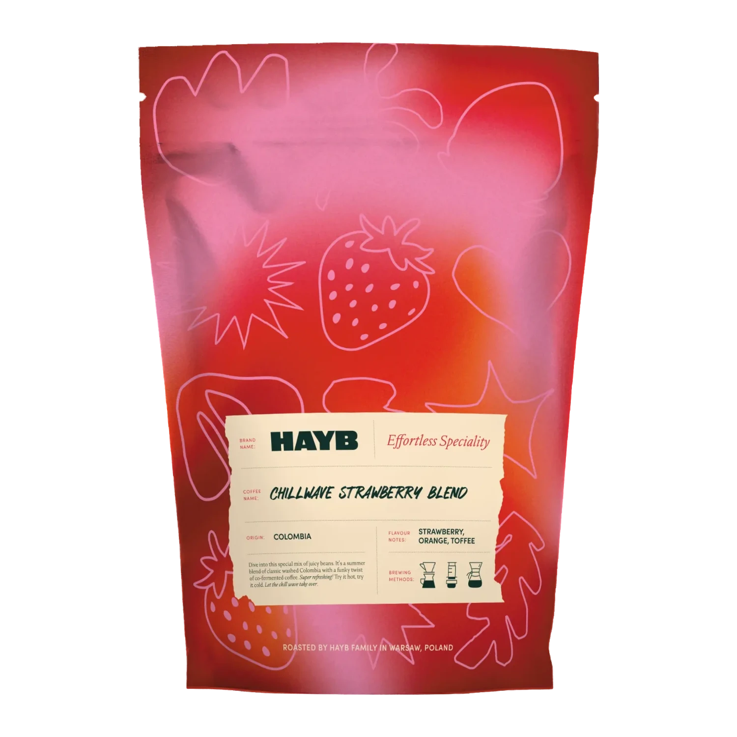 Hayb  Chillwave Strawberry Blend coffee blend packaging with colorful red design and text