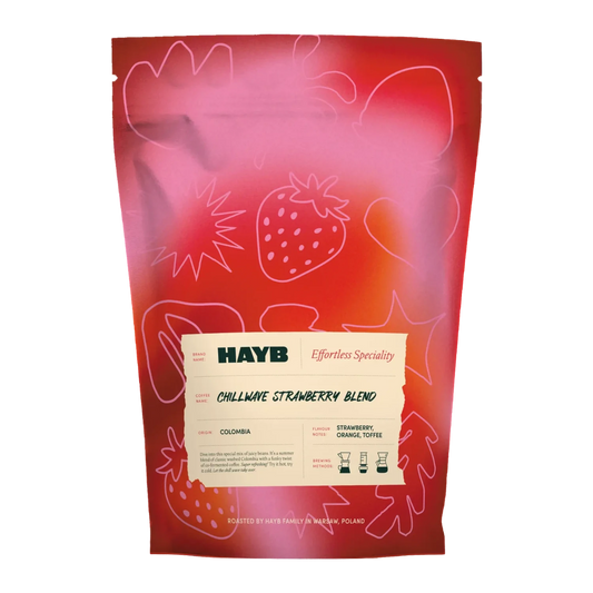Hayb  Chillwave Strawberry Blend coffee blend packaging with colorful red design and text