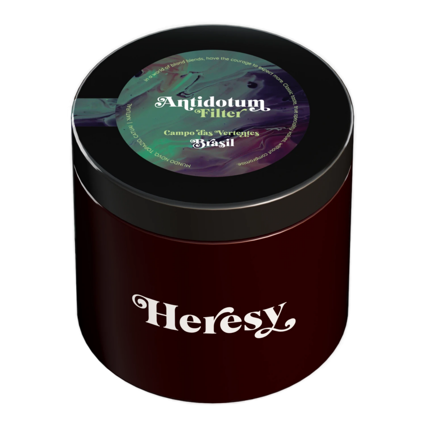 En mörkröd cylindrisk burk med svart lock som visar en "Heresy"-logotyp och en färgglad "Antidotum" filterkaffeetikett.
