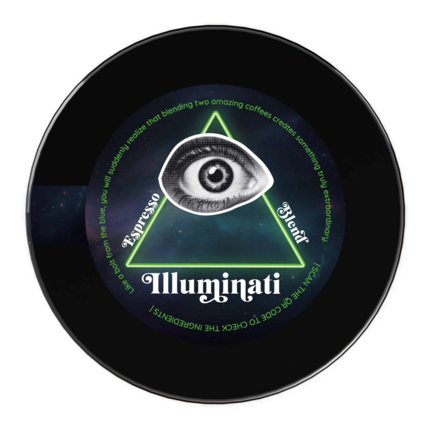En svart rund kaffebehållare med en färgglad etikett "Illuminati Espresso Blend".