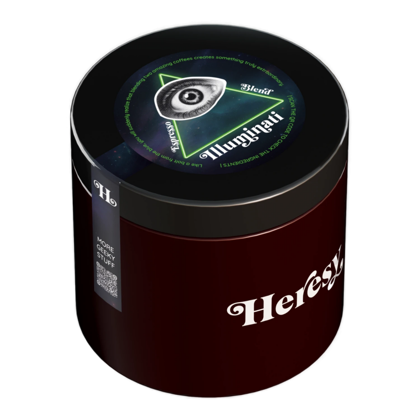 En mörkröd cylindrisk burk med Heresy Illuminati espressoblend med svart lock, färgglad etikett och sidoförsegling.