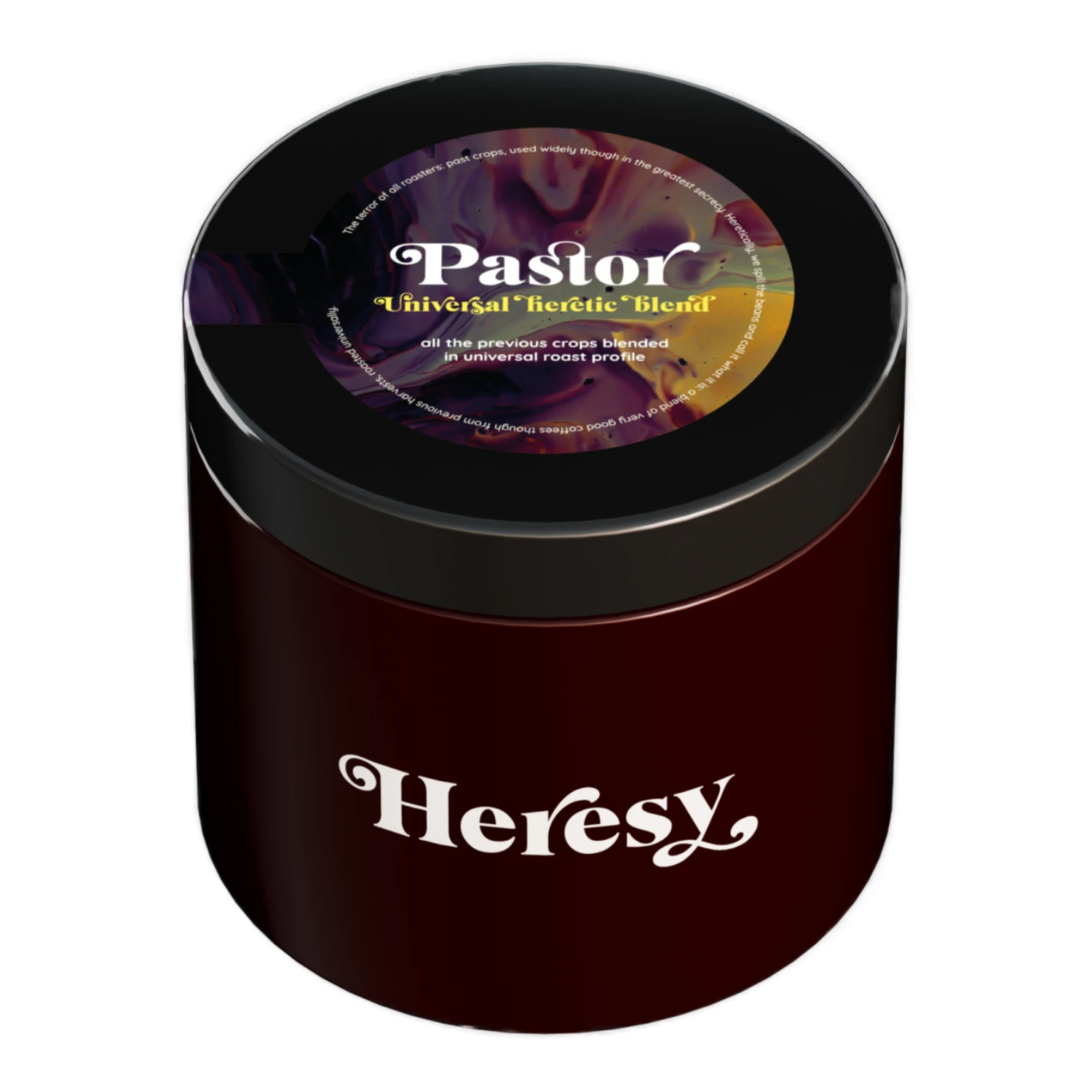 En mörkröd cylindrisk burk med svart lock som visar en "Heresy"-logotyp och en färgglad "Pastor" omniroast kaffeblandning.