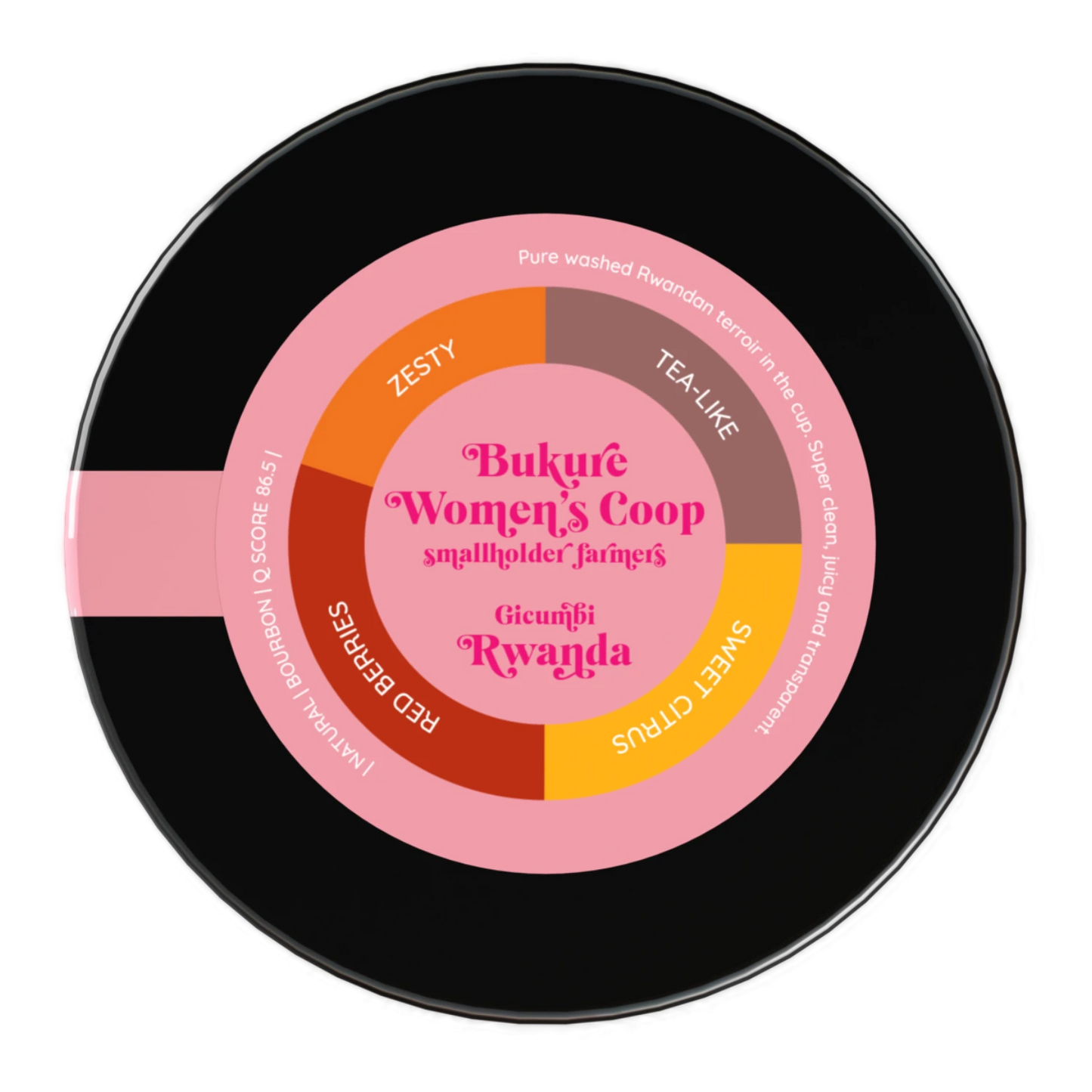 En svart rund kaffebehållare med en färgglad etikett "Bukure Women's Coop".