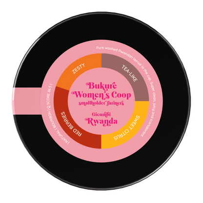 En svart rund kaffebehållare med en färgglad etikett "Bukure Women's Coop".