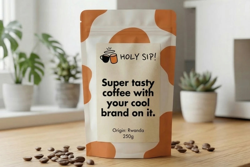 Kaffeförpackning med ”HOLY SIP!”-varumärke på en träyta med utspridda kaffebönor.