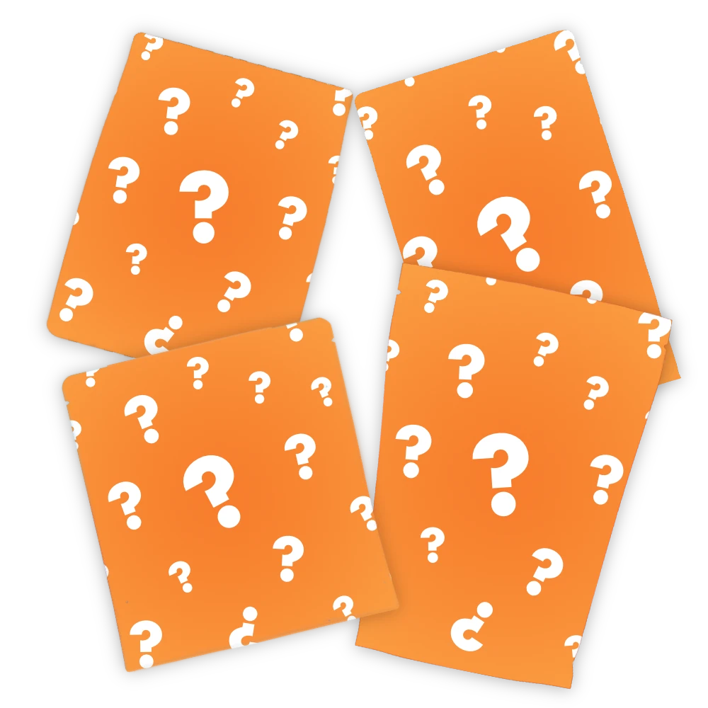 Four orange rectangular cards or envelopes with a white question mark pattern, arranged on a plain white background.