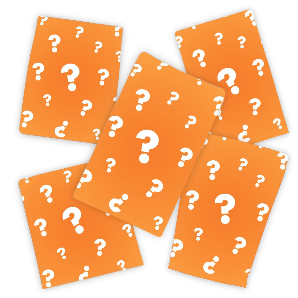 Five orange rectangular cards or envelopes scattered on a white background, each printed with a white question mark pattern.