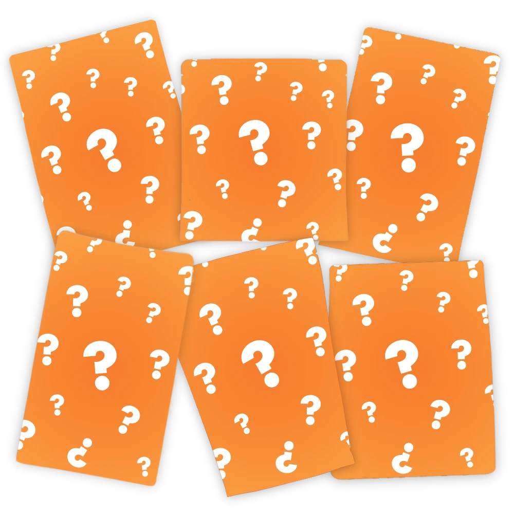 Six orange rectangular cards or envelopes arranged in a loose cluster on a white background, each printed with a white question mark pattern.