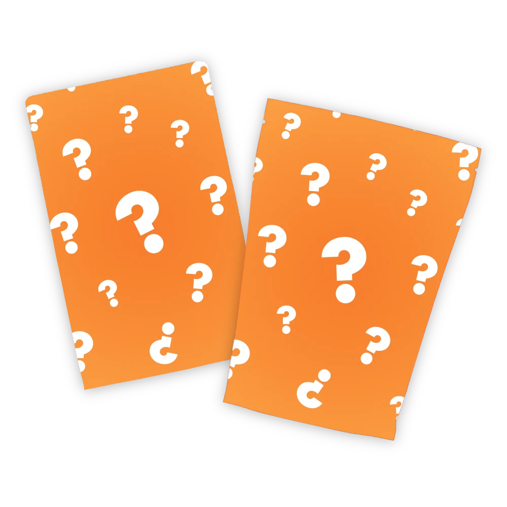 Two orange mystery packs with white question marks, shown on a plain white background.