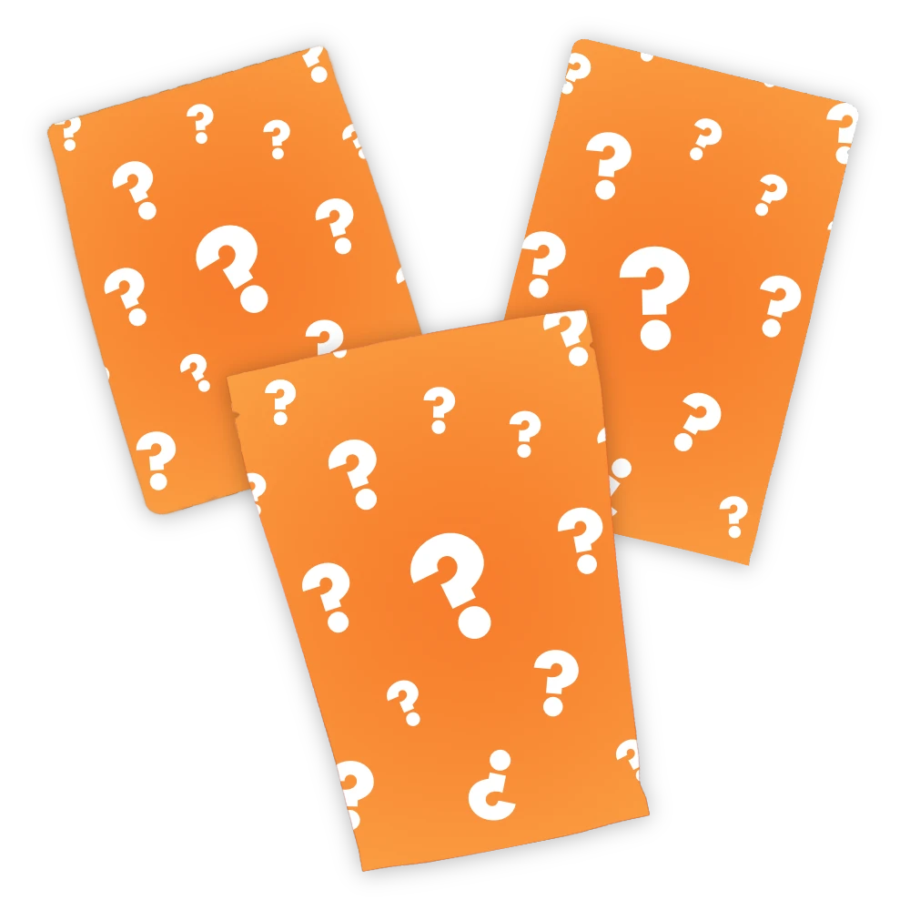 Three orange rectangular envelopes or cards with a white question mark pattern, arranged on a plain white background.