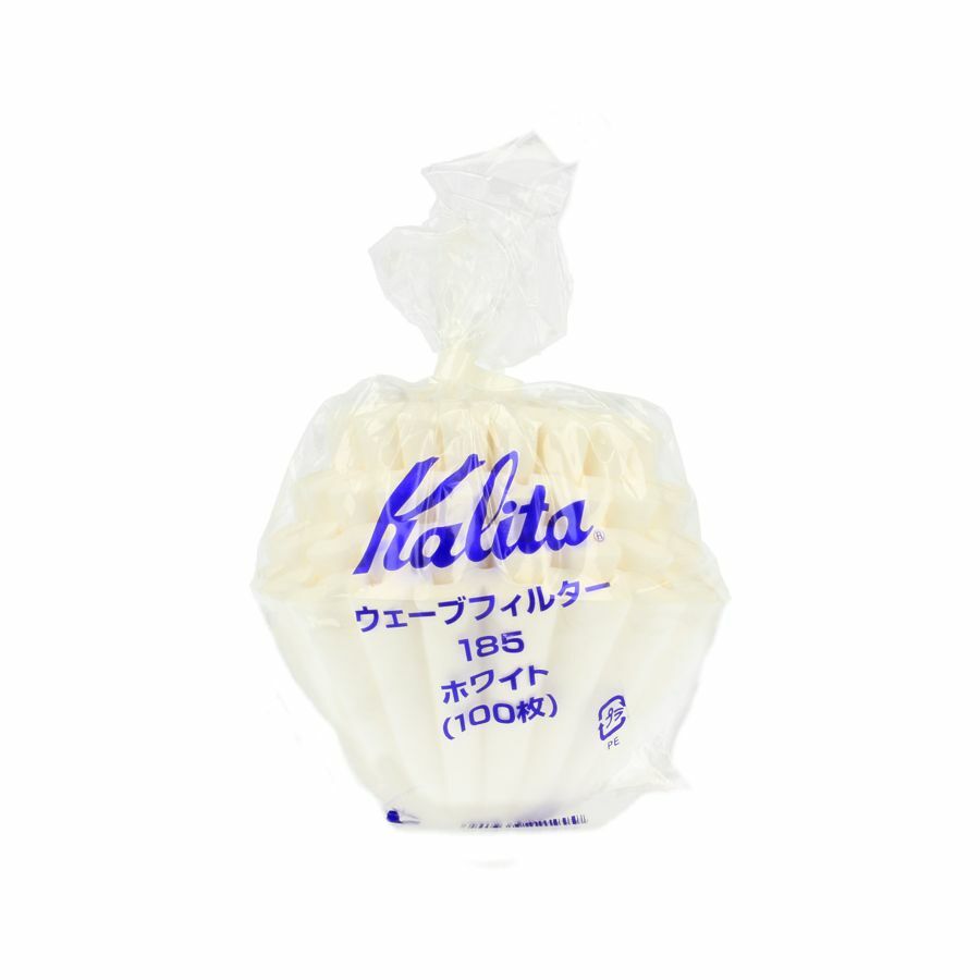 Förpackad filterprodukt med 'Kalita 185' varumärke på vit bakgrund.
