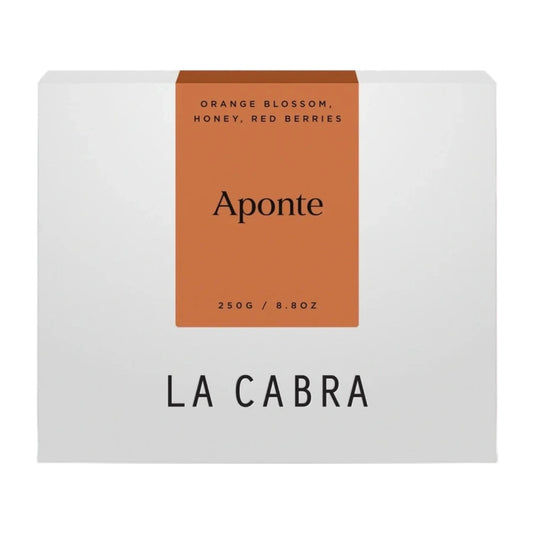 La Cabra "Aponte" coffee packaging with a white background and a orange label