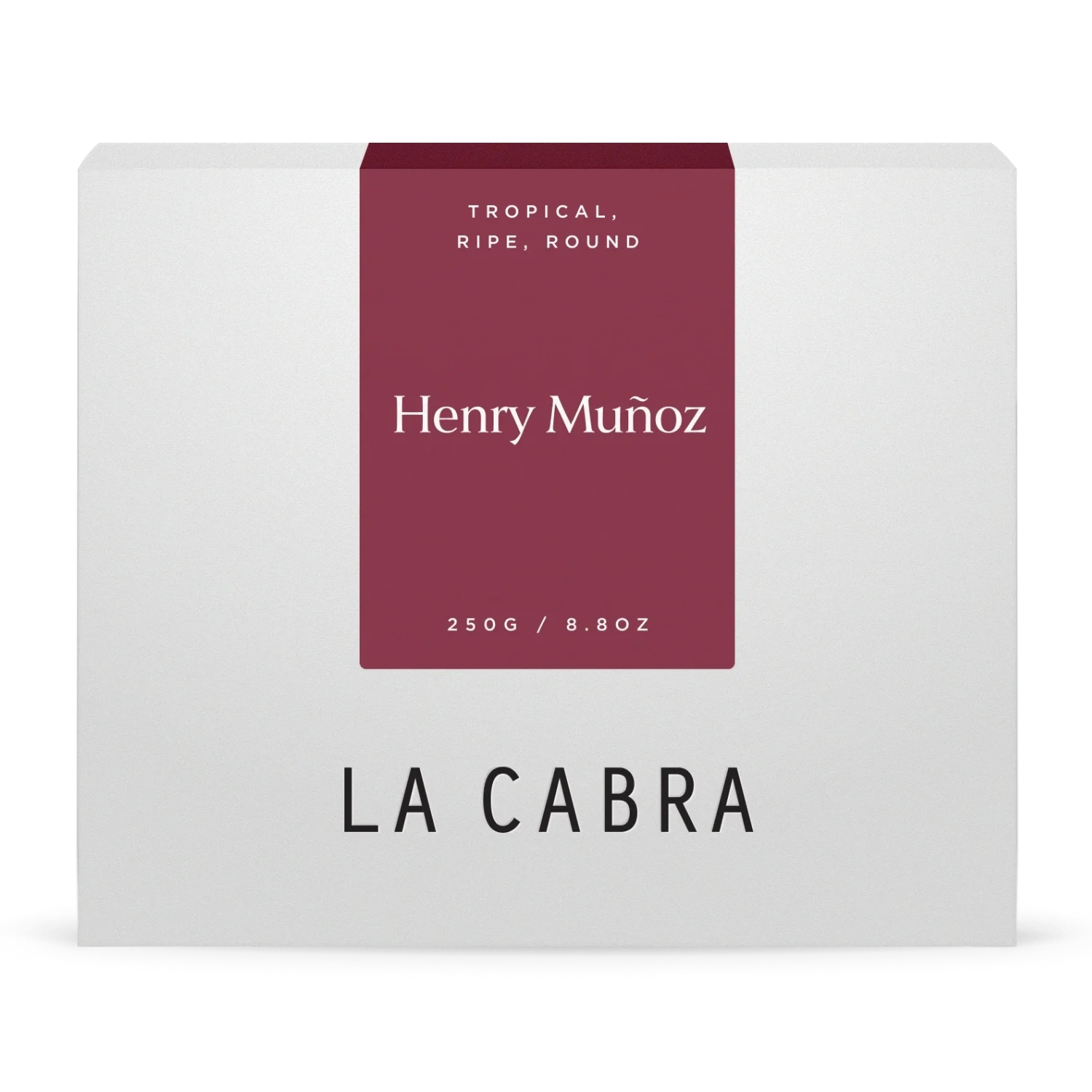 La Cabra "Henry Muñoz" kaffeförpackning med vit bakgrund och mörkröd etikett.