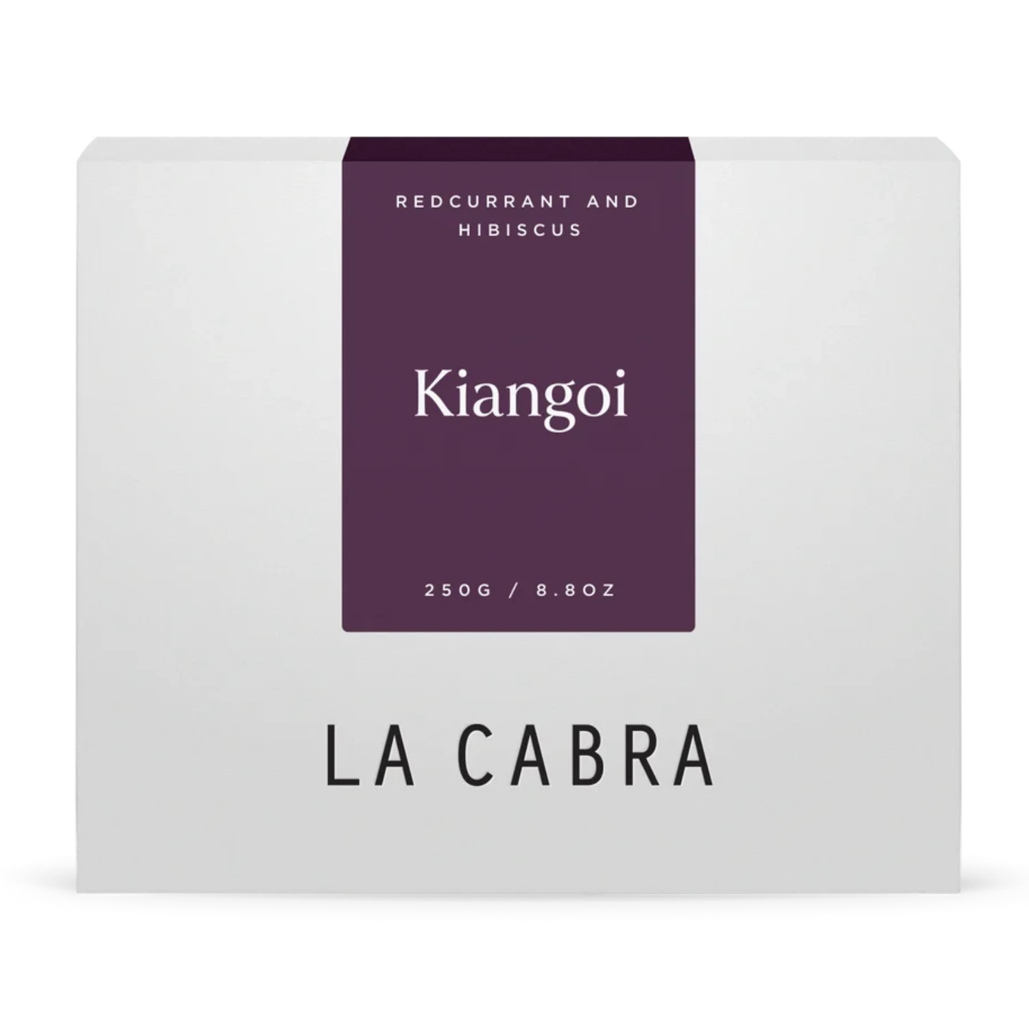 La Cabra "Kiangoi" coffee packaging with a white background and a purple label