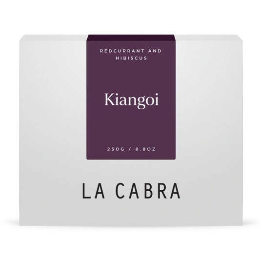 La Cabra "Kiangoi" coffee packaging with a white background and a purple label