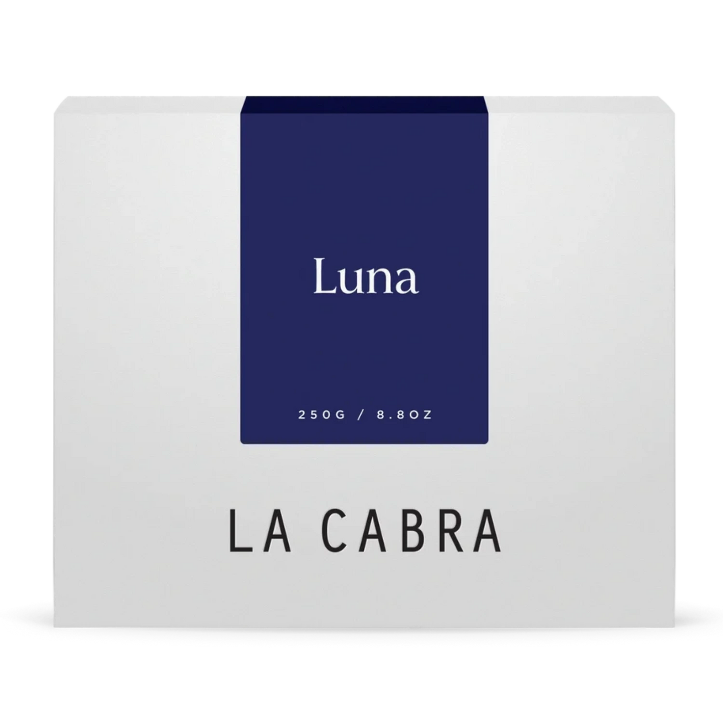 La Cabra "Luna" coffee packaging with a white background and a dark blue label