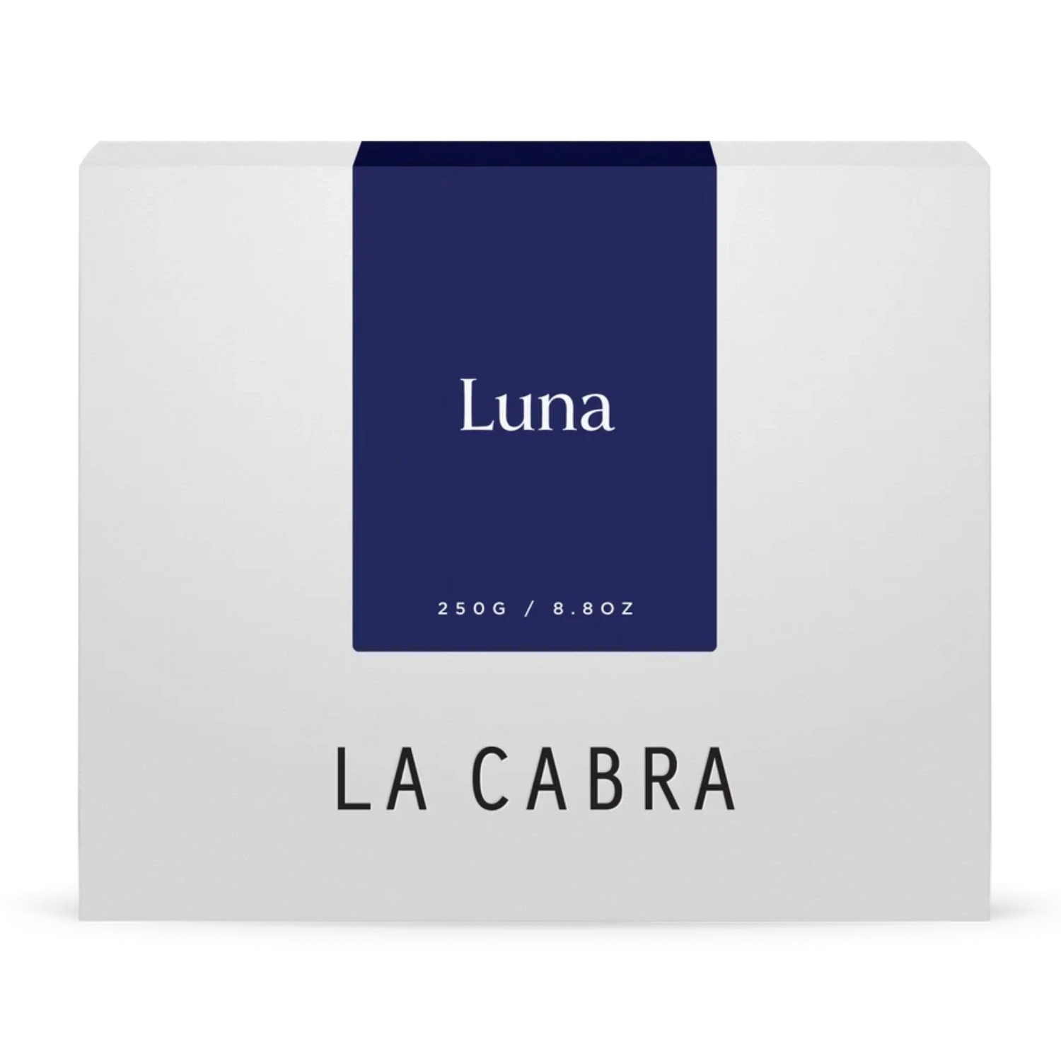La Cabra "Luna" coffee packaging with a white background and a dark blue label