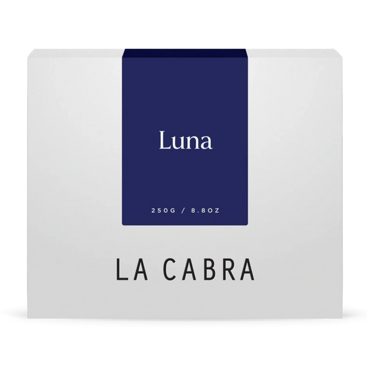 La Cabra "Luna" coffee packaging with a white background and a dark blue label