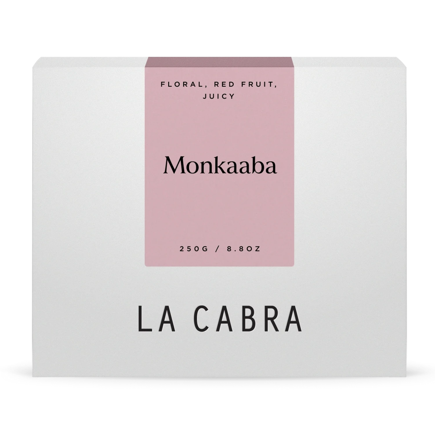 La Cabra "Monkaaba" kaffeförpackning med vit bakgrund och ljusrosa etikett.
