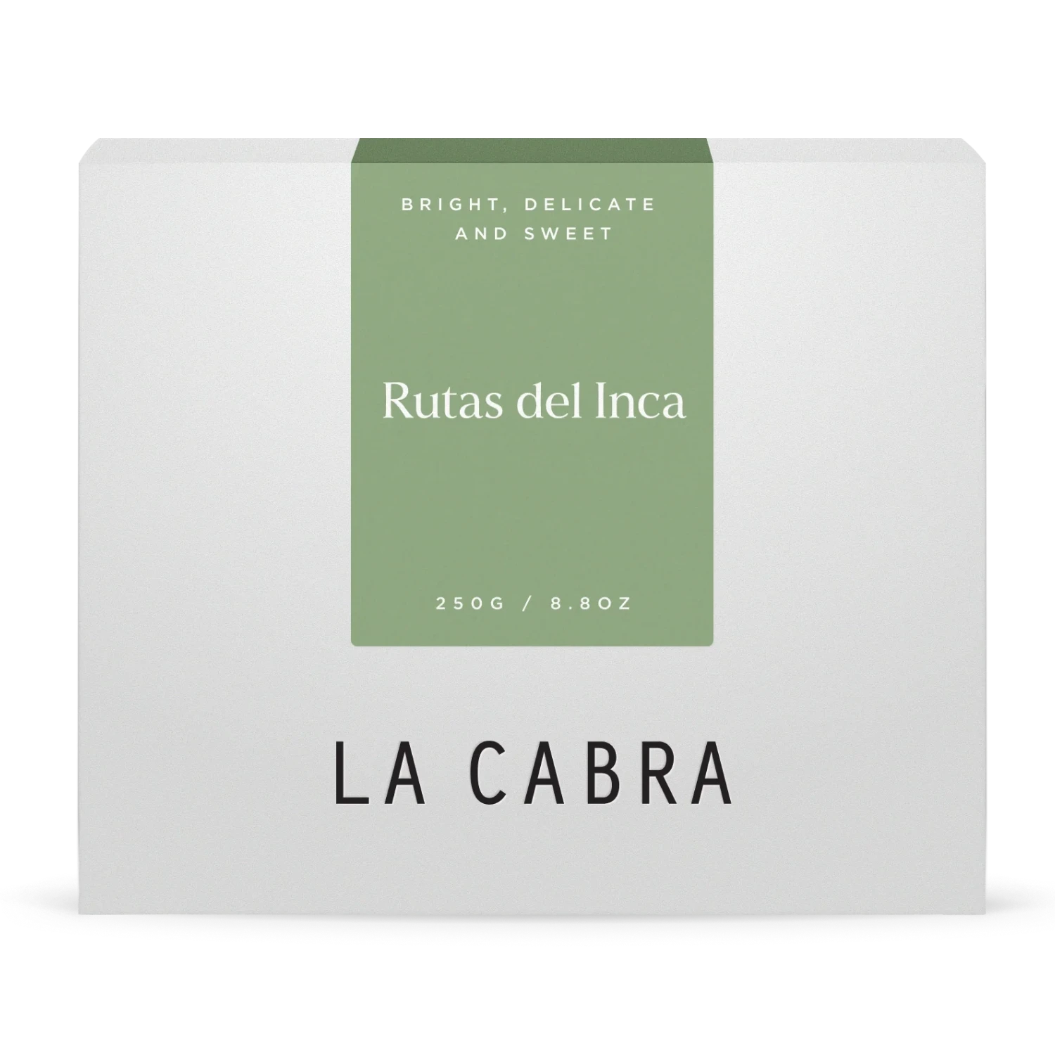 La Cabra "Rutas del Inca" kaffeförpackning med vit bakgrund och matchagrön etikett.