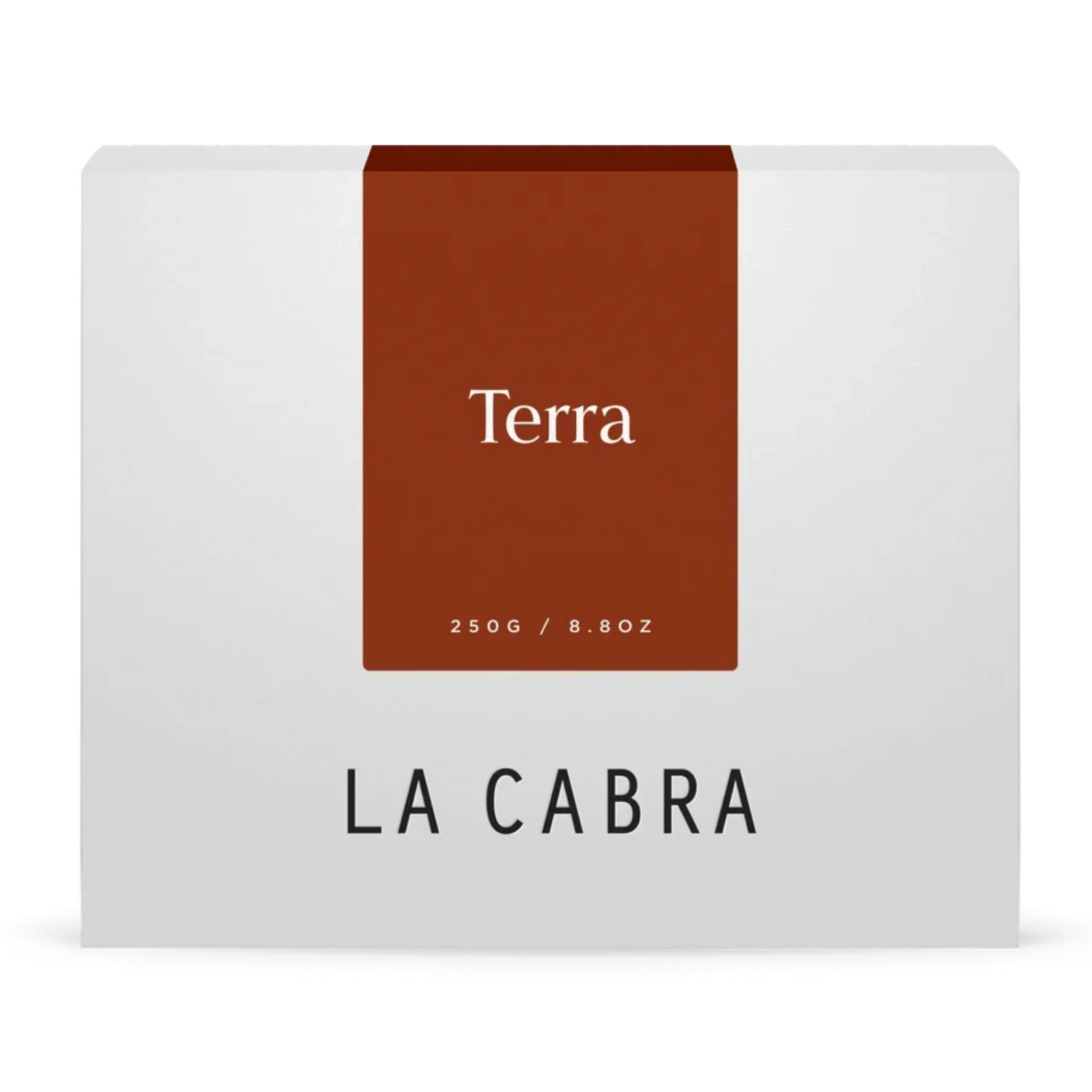 La Cabra "Terra" coffee packaging with a white background and a dark orange label