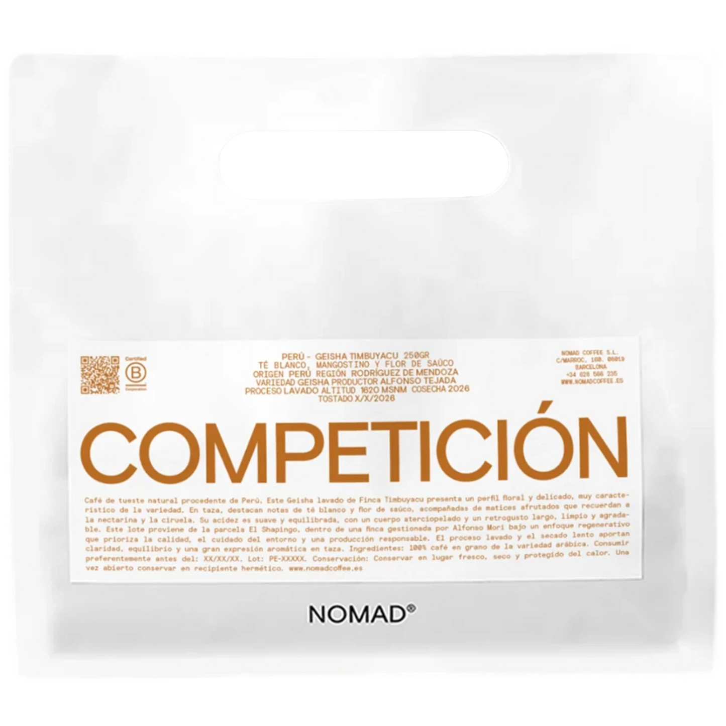 En vit påse av märket NOMAD med en framträdande orange etikett med texten "COMPETICIÓN" och mindre spansk text, fotograferad mot en enfärgad vit bakgrund.