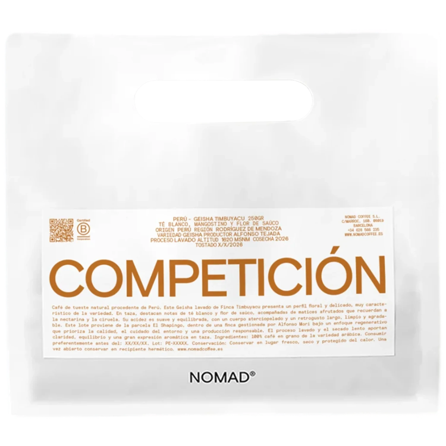 En vit påse av märket NOMAD med en framträdande orange etikett med texten "COMPETICIÓN" och mindre spansk text, fotograferad mot en enfärgad vit bakgrund.