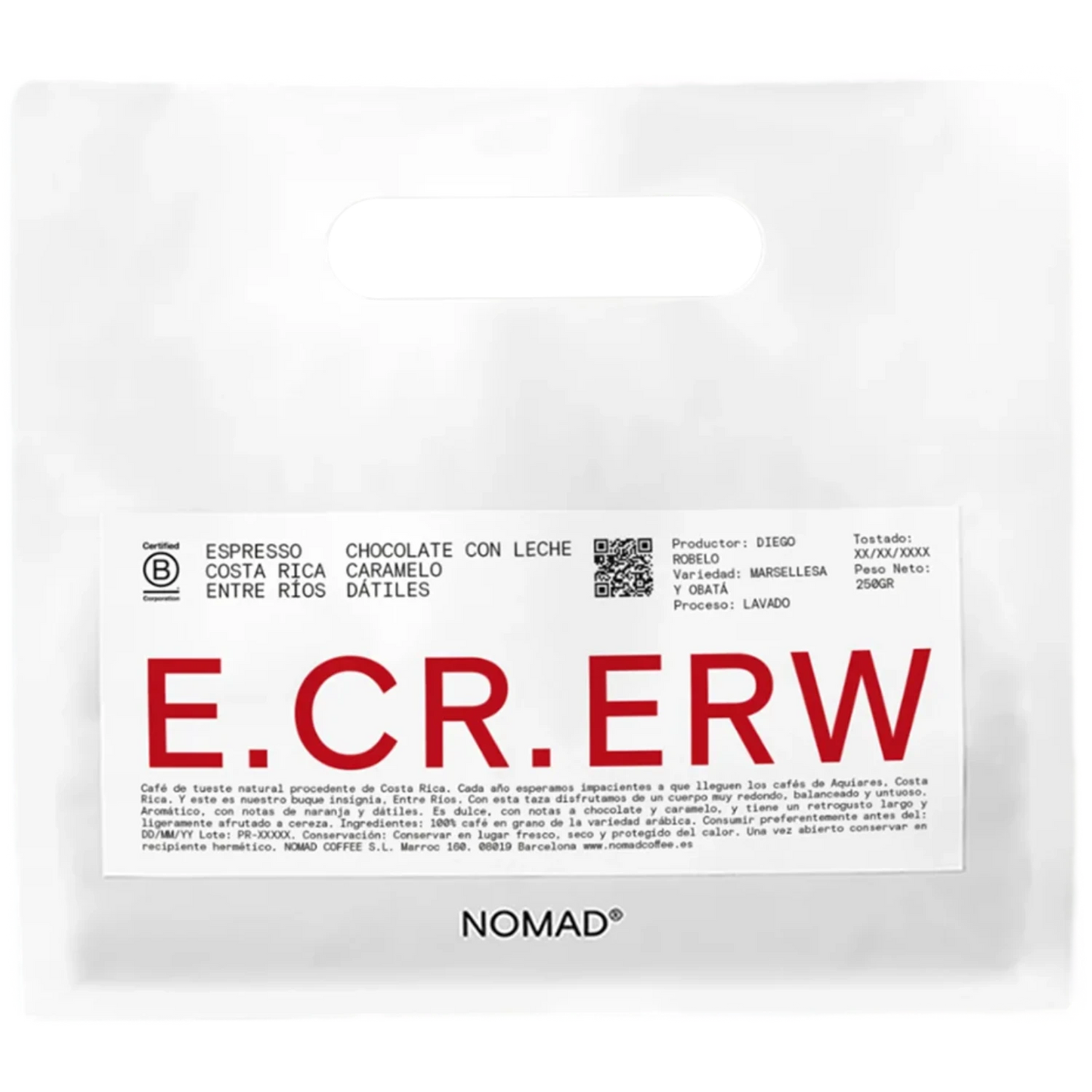 Vit Nomad Coffee-påse Costa Rica Entre Rios Espresso 250g med stor blå E.CR.ERW-text