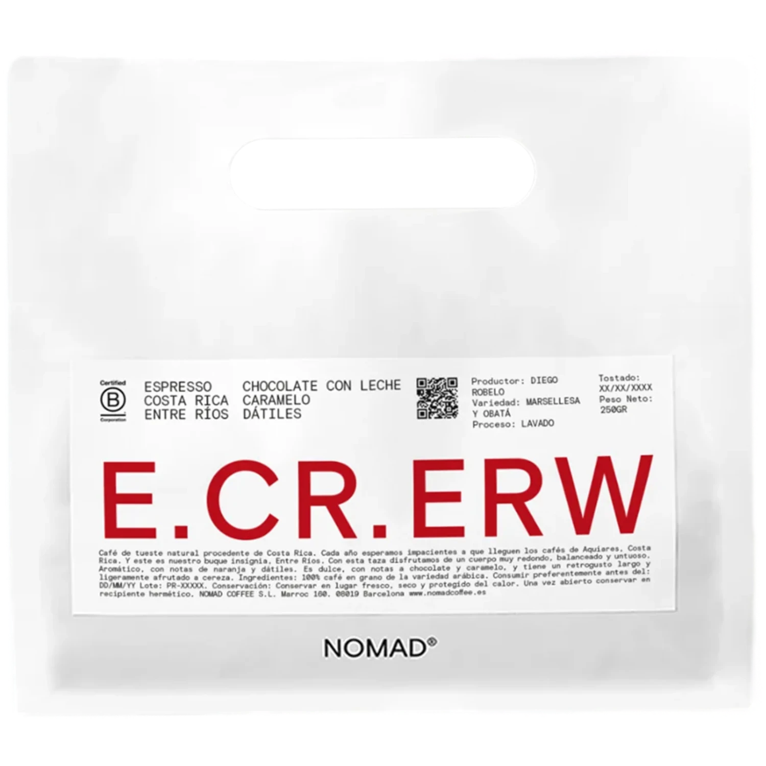 Vit Nomad Coffee-påse Costa Rica Entre Rios Espresso 250g med stor blå E.CR.ERW-text